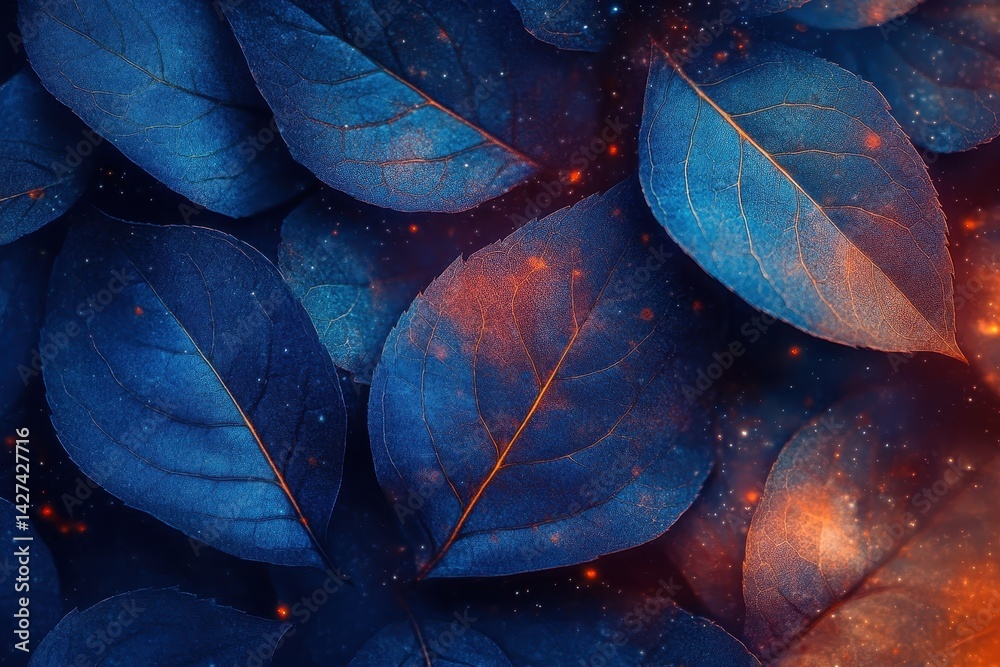 Poster Intricate blue floral pattern with cosmic elements creating a serene atmosphere at twilight