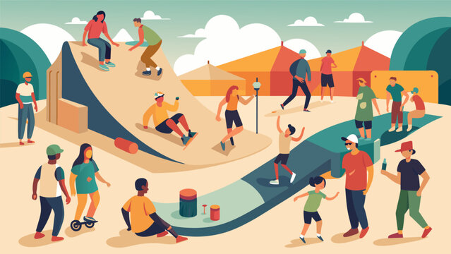 A makeshift skatepark is filled with onlookers as skateboarders of all ages and levels exhibit their talents and love for the sport during the summer. Vector illustration