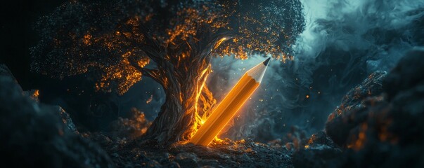 Naklejka premium An artistic tree with a glowing pencil, symbolizing creativity and nature's beauty.