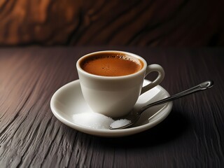 Coffee Cup with Sugar on Wooden Table Top Close Up