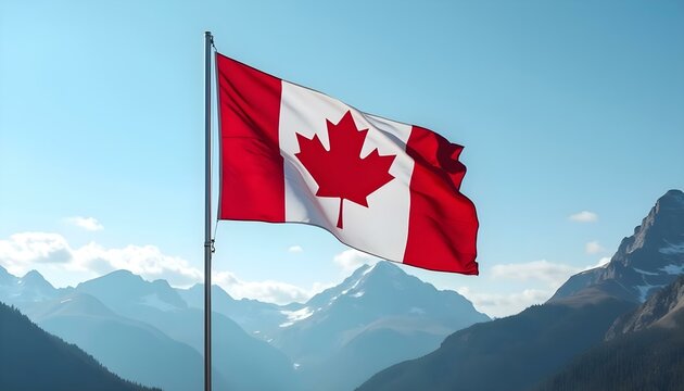 The Canadian flag, adorned with a maple leaf, billows in the wind, representing national pride on Canada Day