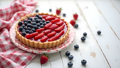 A pie decorated with an American flag, highlighting the patriotic theme of July 4th celebrations in red, white, and blue