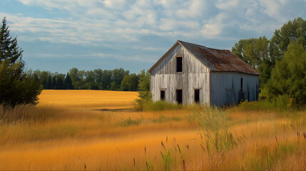 Fototapeta premium Weathered barn mirror reflecting golden wheat field evokes rustic countryside charm and timeless agricultural heritage