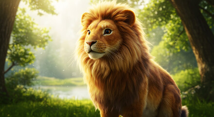 Lion Standing in Forest Sunlight Looking Towards Lake
