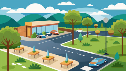Landscaping and outdoor features including a spacious parking lot sidewalks and seating areas.. Vector illustration