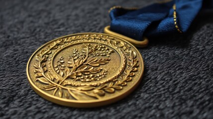Gold medal with detailed floral design on a dark background