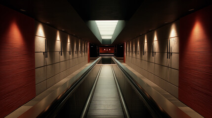Fototapeta premium Striking Symmetrical Shot of Modern Escalator Descending into Futuristic Underground Transit Hub Emphasizing Dynamic Geometry