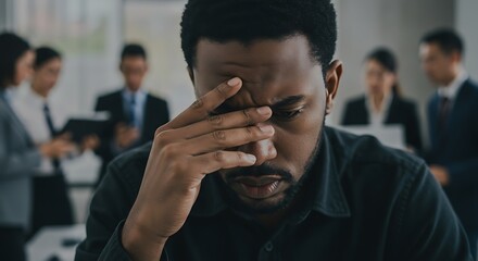 Anxious black businessman with a headache covering his eyes with his hand in the office.