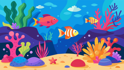 Fototapeta premium A captivating aquarium that recreates the vibrant colors and diversity of a tropical lagoon with sandy bottom brightly colored fish and a mix of hard. Vector illustration