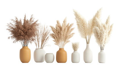 Pack of Pampas Grass Arrangements in Vases on white and transparent background