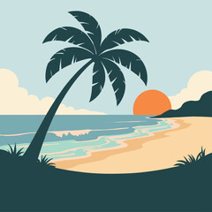 Stylized beach scene with palm tree and sunset illustration art