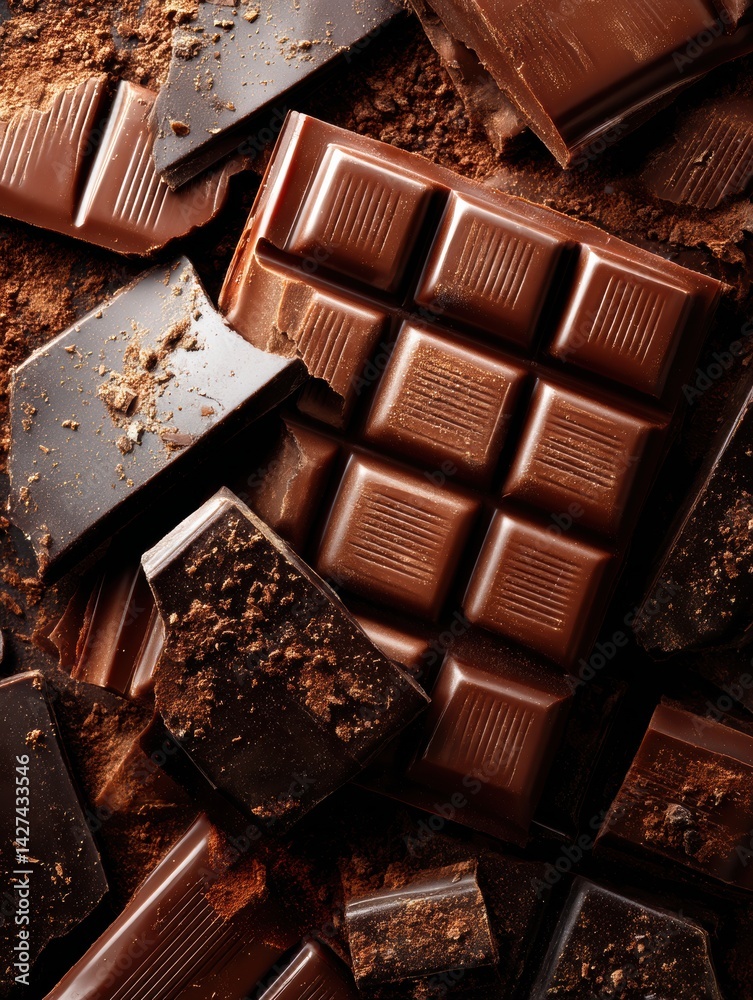 Poster Macro View of Shiny Chocolate Bar Broken Into Squares Revealing Textured Surface and Various Chocolate Pieces Scattered Around