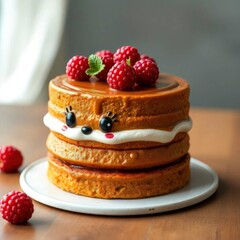 A Homemade layered honey cake with cream and red raspberries, vibrant and energetic, set against a thick fog with generative ai