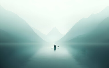 Fototapeta premium A serene landscape featuring a lone boat in a misty lake surrounded by majestic mountains, evoking tranquility.