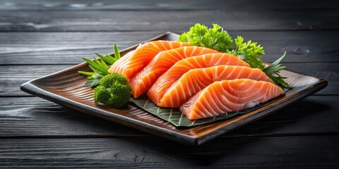 Fresh salmon sashimi plate on a black wooden background with a subtle grid texture