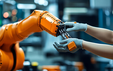 A technician uses an orange robotic arm to assemble high-tech components in a modern industrial setting.