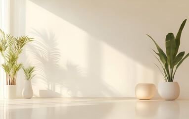 Bright indoor space adorned with lush green plants casting interesting shadows on a warm, inviting floor.