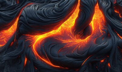 Molten lava flows, volcanic texture, fiery swirls. Background dark, abstract. Use geological illustration