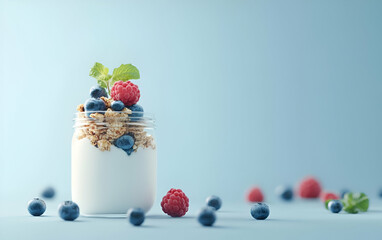 Delicious yogurt parfait topped with fresh berries and granola, perfect for healthy snacking or breakfast.