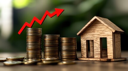 A wooden house model beside stacked coins and an upward arrow, symbolizing growth in real estate and financial investment.