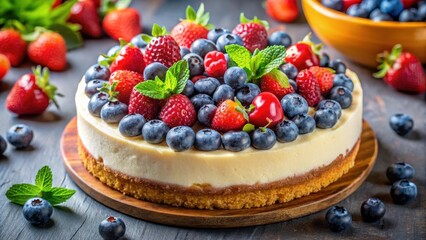 A delicious cheese cottage filled with tangy yogurt and topped with juicy blueberries, surrounded by an assortment of fresh berries in a colorful arrangement, fruit salad, dessert