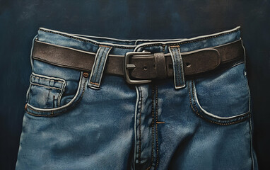 Stylish denim jeans with a classic belt displayed prominently against a dark background.