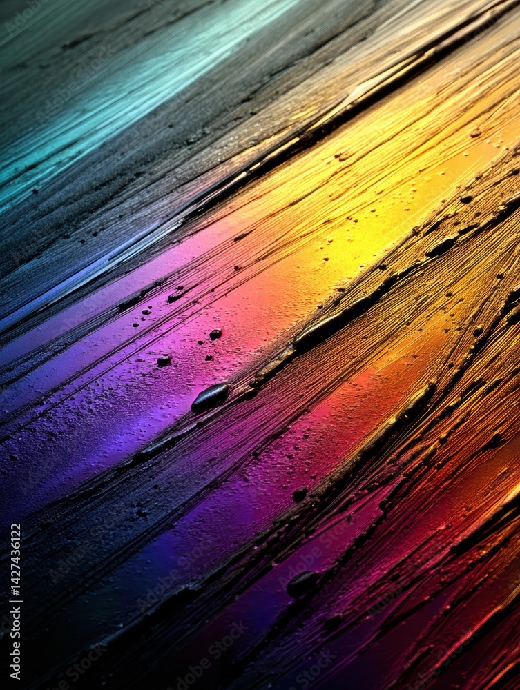 Poster Macro View of Crude Oil Texture Showcasing Vibrant Rainbow Highlights and Reflective Surfaces in Abstract Art Form