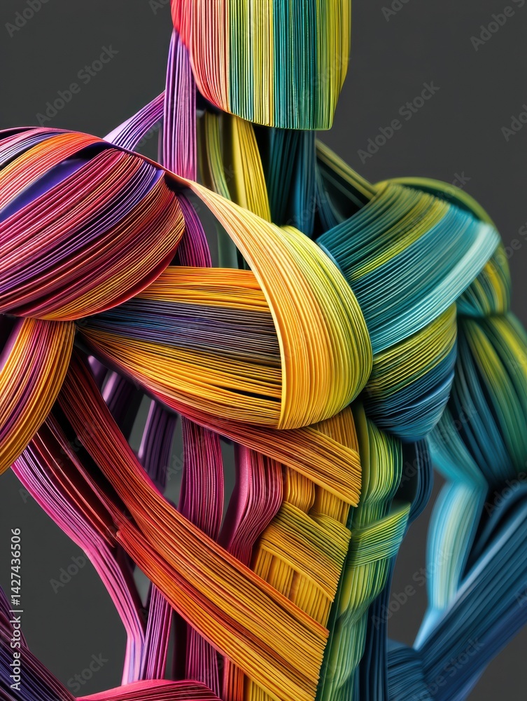Poster abstract representation of muscle form made from colorful ribbons symbolizing strength and wellness