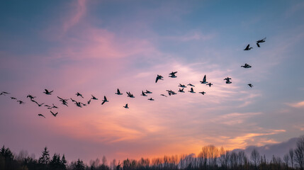 Flock of birds flying across pastel sky at first light inspires vibrant migration-themed art prints