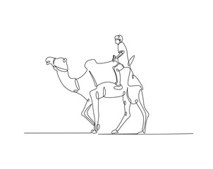 Person riding a camel outline drawing illustration. one continuous line drawing of tourist riding a camel.