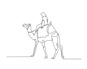 Person riding a camel outline drawing illustration. one continuous line drawing of tourist riding a camel.