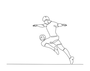 Football player kick the ball outline drawing illustration. one continuous line drawing of soccer player.