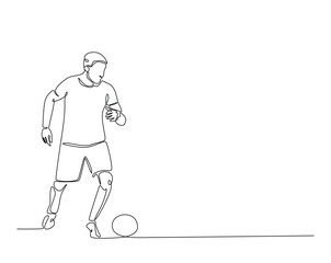 Football player kick the ball outline drawing illustration. one continuous line drawing of soccer player.