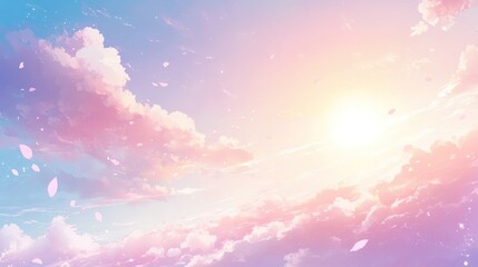 Pastel sky filled with clouds and falling petals, a serene scene.
