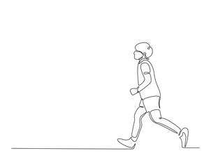 Little boy jogging outline drawing illustration. one continuous line drawing of happy little boy walking.