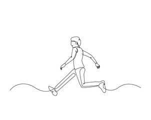 Little boy jogging outline drawing illustration. one continuous line drawing of happy little boy walking.