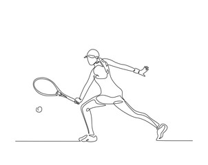 Female tennis player with racket outline drawing illustration. one continuous line drawing of tennis player hit the ball.