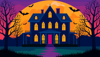 Haunted house with spooky atmosphere and bats against sunset  