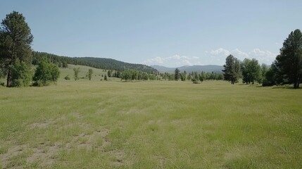 Fototapeta premium Expansive meadow stretches toward distant mountain range.
