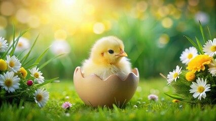 A yellow chick emerging from a decorated Easter egg amidst lush green grass and flowers , easter eggs