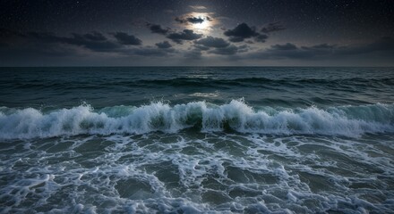 Fototapeta premium Ocean Waves Crashing on Shore at Night with Moon and Stars