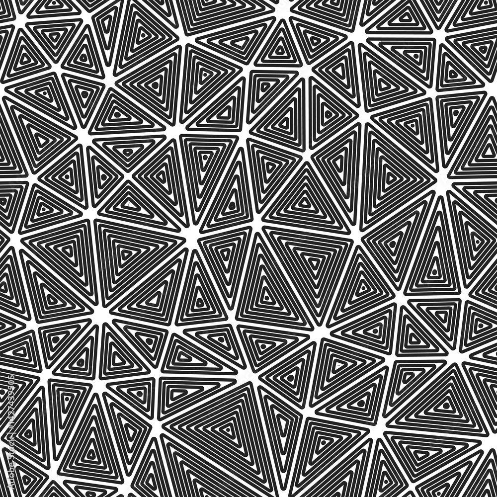 Poster minimal geometric background. medium triangles size. multiple repeated inner triangles. black and wh