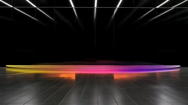 Abstract colourful layered shapes flatten on a dark reflective floor under lights in this animation