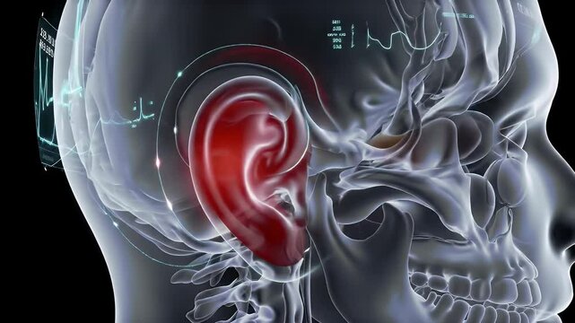 Translucent 3D Skull Model Highlighting Red Human Ear Anatomy