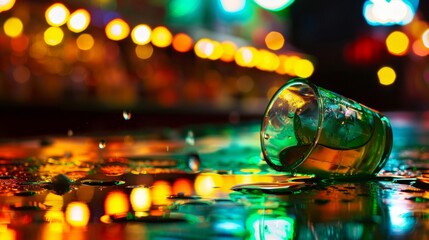 Close-up of spilled cocktail glass with blurred neon bar lights in background