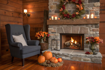 Obraz premium Cozy Autumn Fireplace Scene with Armchair and Pumpkins