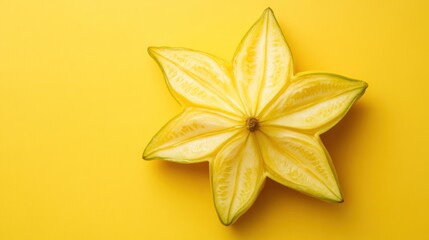 Star-shaped carambola fruit slice on a yellow background.