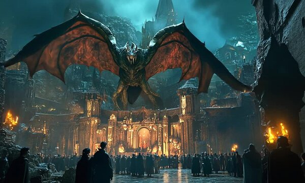 A colossal dragon looms over a dark, ancient city filled with spectators in awe, amidst flames
