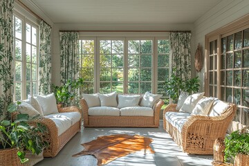 Fototapeta premium Charming sunroom with white walls and ceiling, green patterned curtains, rattan furniture, cowhide rug, and French doors leading to an outdoor area.