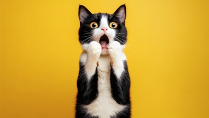 Obraz premium Surprised Cat Staring with Wide Eyes Against Yellow Background